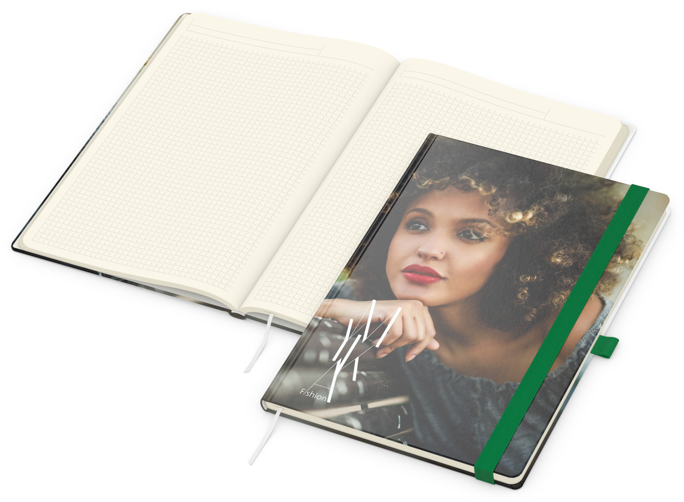 Notizbuch Match-Book Creme Bestseller, A4, Cover-Star, gloss-individuell, grün