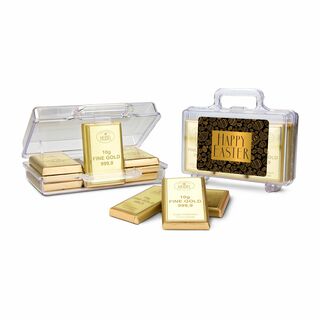 Geschenkartikel: Frohe Ostern Goldkoffer mit 12 Schokoladen Goldbarren (120 g) 2K1646