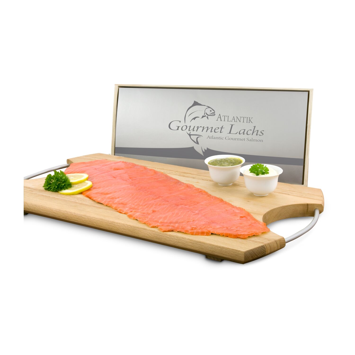 Geschenkartikel / Präsentartikel: Lachs-Gutschein in Holzbox: Gourmet 2K1715