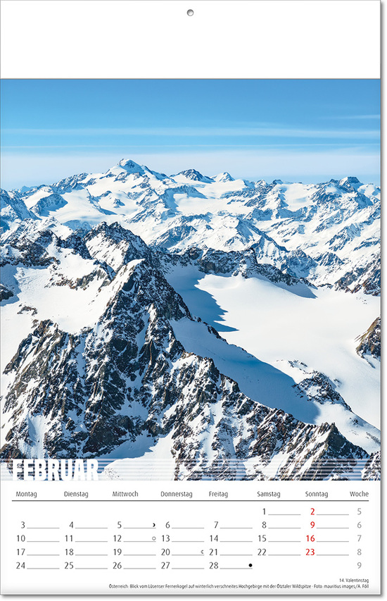 Kalender "Bergwelten" im Format 24 x 37,5 cm, mit Fälzel