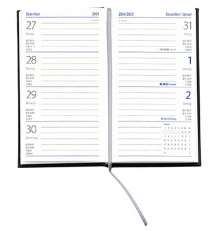 Taschenkalender "Klassik" im Format 8,7 x 15,3 cm, deutsches Kalendarium Grau/Blau mit Leseband, 128 Seiten Fadenheftung, Einband Fashion mittelgrau