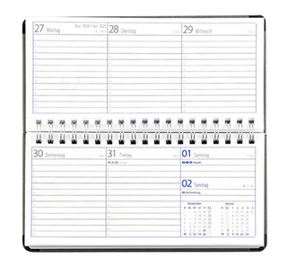 Taschenkalender "Horizontal" im Format 17 x 8 cm, deutsches Kalendarium Grau/Blau, 144 Seiten, Wire-O-Bindung, Eckenperforation, Deckelpaar Slinky schwarz