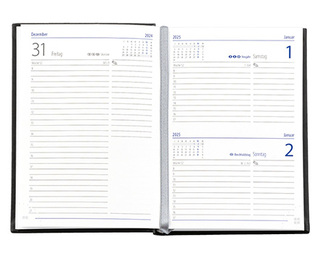 Taschenkalender "Taschenbuch Tag" im Format 10,5 x 14,8 cm, deutsches Kalendarium Grau/Blau mit Leseband, 352 Seiten Fadenheftung, Eckenperforation, Einband Magic anthrazit