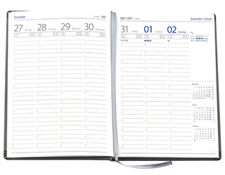 Wochenkalender "Klassik D" im Format 14,5 x 20,5 cm, deutsches Kalendarium Grau/Blau mit Leseband, 144 Seiten Fadenheftung, Eckenperforation, Einband Balacron dunkelblau