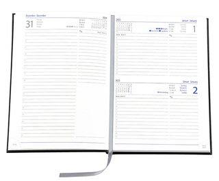 Buchkalender "Trend Chefkalender INT" im Format 14,5 x 20,5 cm, Kalendarium 4-sprachig D/F/I/GB Grau/Blau mit Leseband, 352 Seiten Fadenheftung, Eckenperforation, Grafikeinband