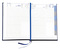 Buchkalender "Daily Chefkalender Register INT" im Format 14,5 x 20,5 cm, Kalendarium 4-sprachig D/F/I/GB Grau/Blau mit 2 Lesebändern und Registerstanzung, 416 Seiten Fadenheftung, Eckenperforation, Grafikeinband