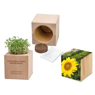 Pflanz-Holz Grande mit Samen - Sonnenblume, 1 Seite gelasert