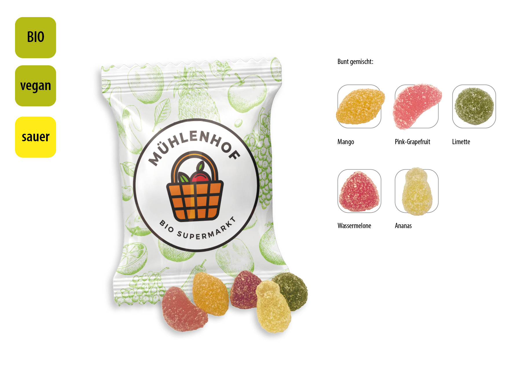 BIO Saure Früchte vegan Werbetüte, Inhalt: BIO Saure Früchte vegan