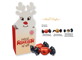 Weihnachtspralinés in Motivkartonage "Rentier", Inhalt: Pralinen Milchschokolade und weiße Schokolade mit Haselnusscremefüllung ca. 75 g