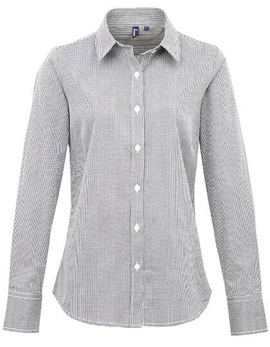 Ladies` Microcheck (Gingham) Long Sleeve Cotton Shirt