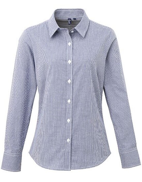 Ladies` Microcheck (Gingham) Long Sleeve Cotton Shirt